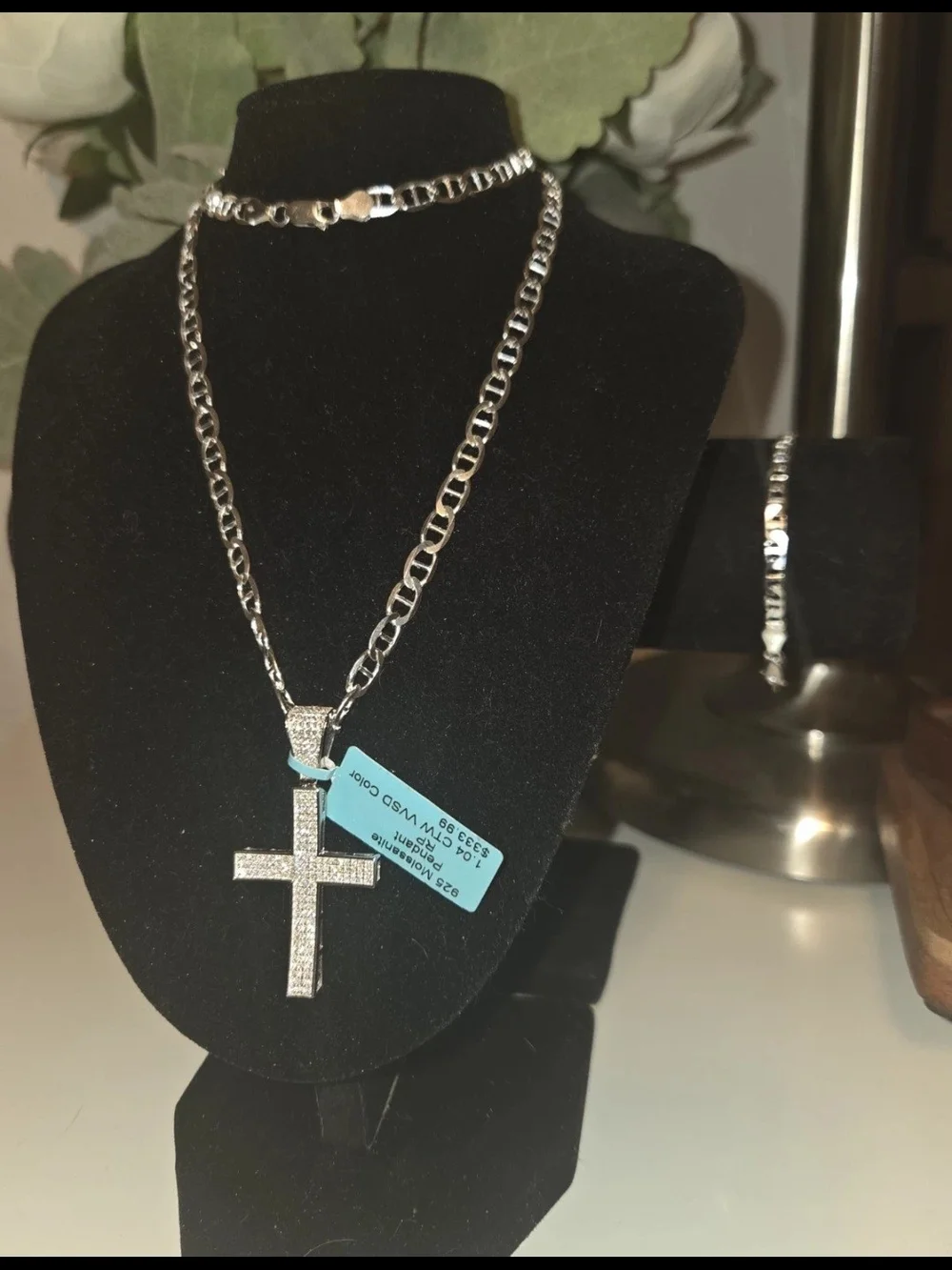 925 Sterling Silver 22in 5.2mm Mariner 7in 4.4mm Bracelet And Mossinate Cross